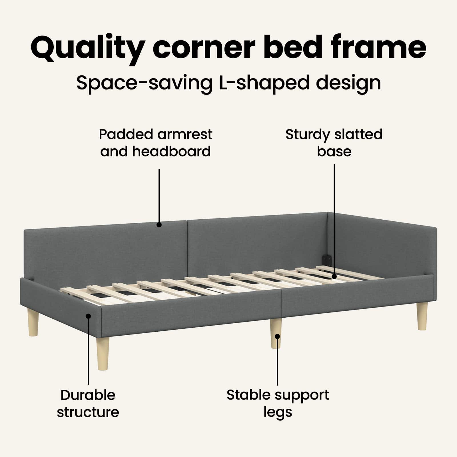 Corner Bed Frame Dark Grey 90 x 190 cm Fabric
