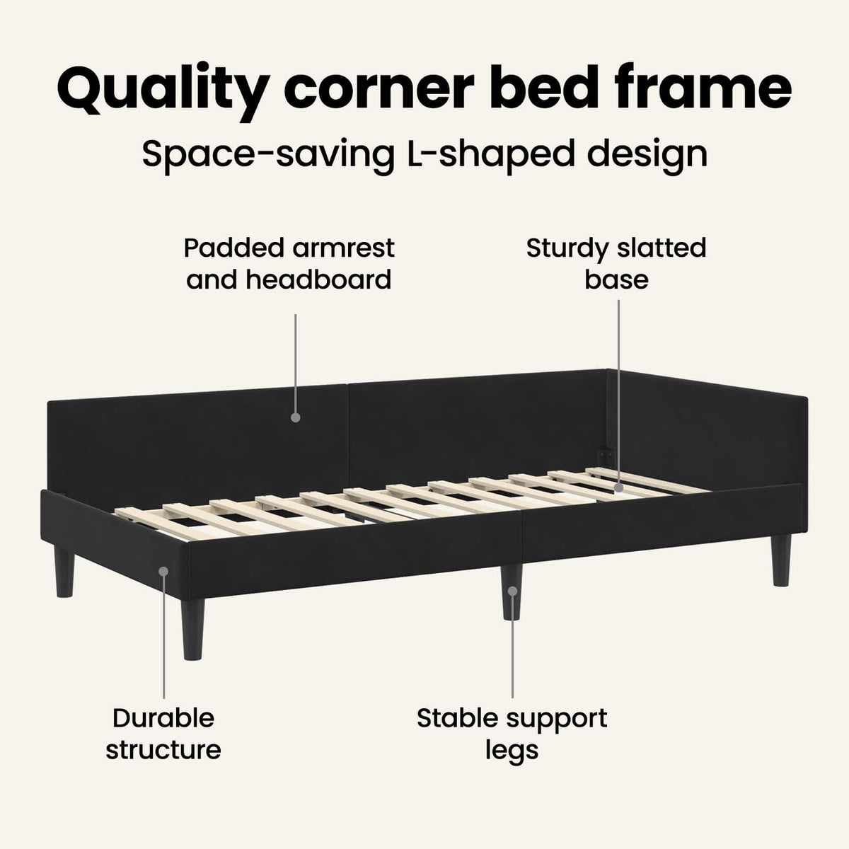 Corner Bed Frame with Headboard Black 90 cm x 190 cm Velvet