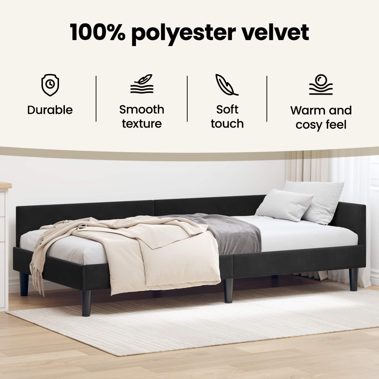 Corner Bed Frame with Headboard Black 90 cm x 190 cm Velvet
