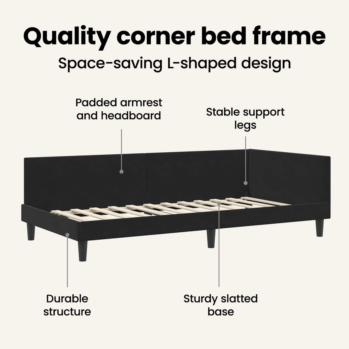 Corner Bed Frame with Headboard Black 90 cm x 190 cm Velvet