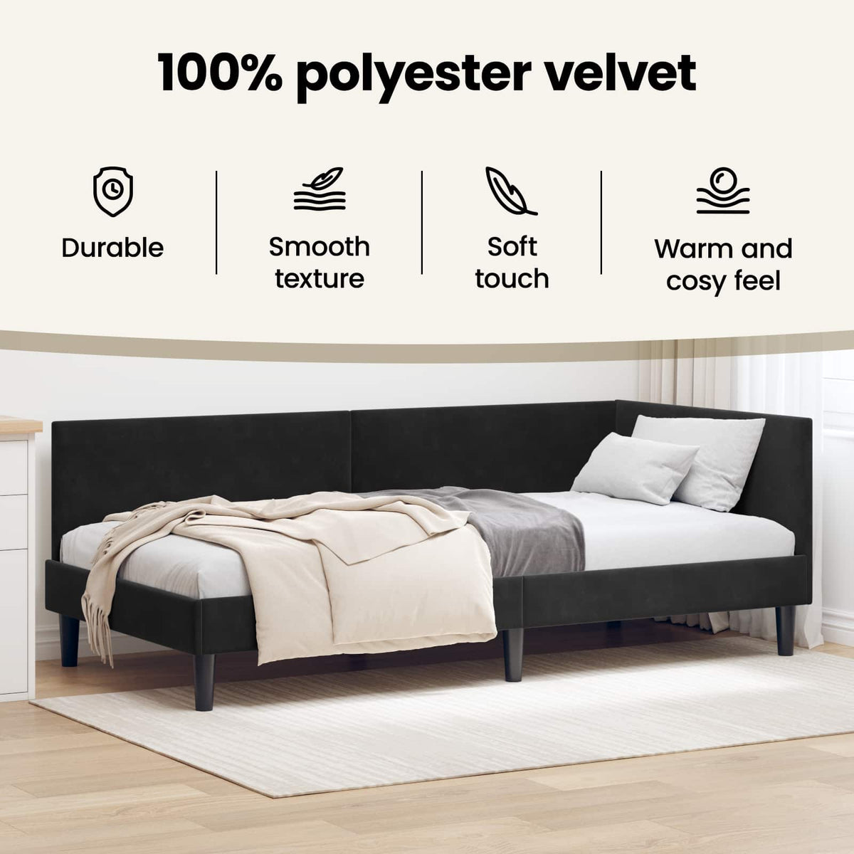 Corner Bed Frame with Headboard Black 90 cm x 190 cm Velvet