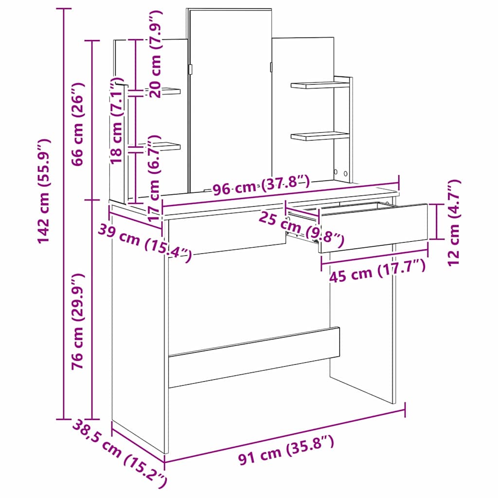 Dressing Table with Mirror Black Oak 96 x 39 x 142 cm