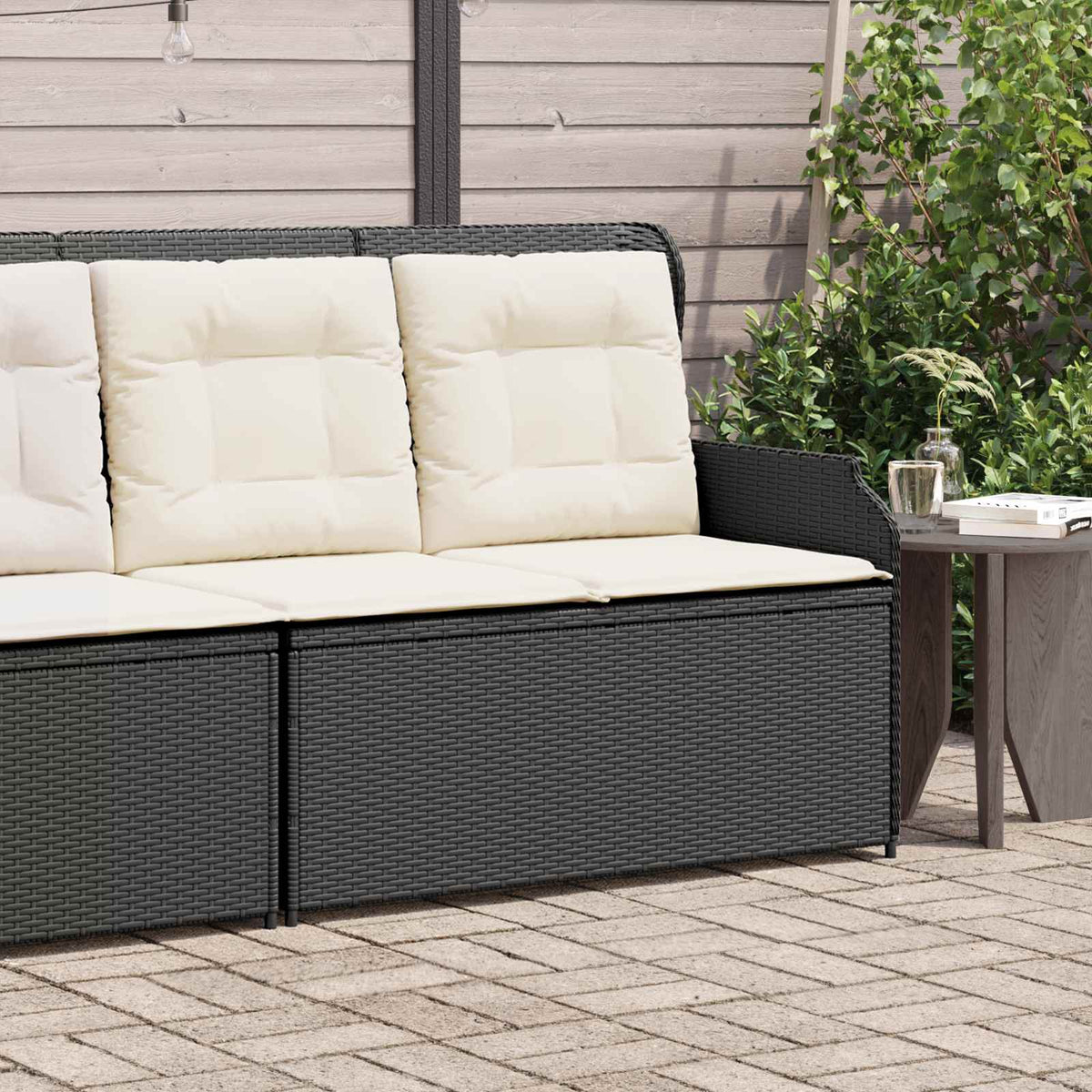 Garden Bench with Cushion Black and Cream White Poly Rattan