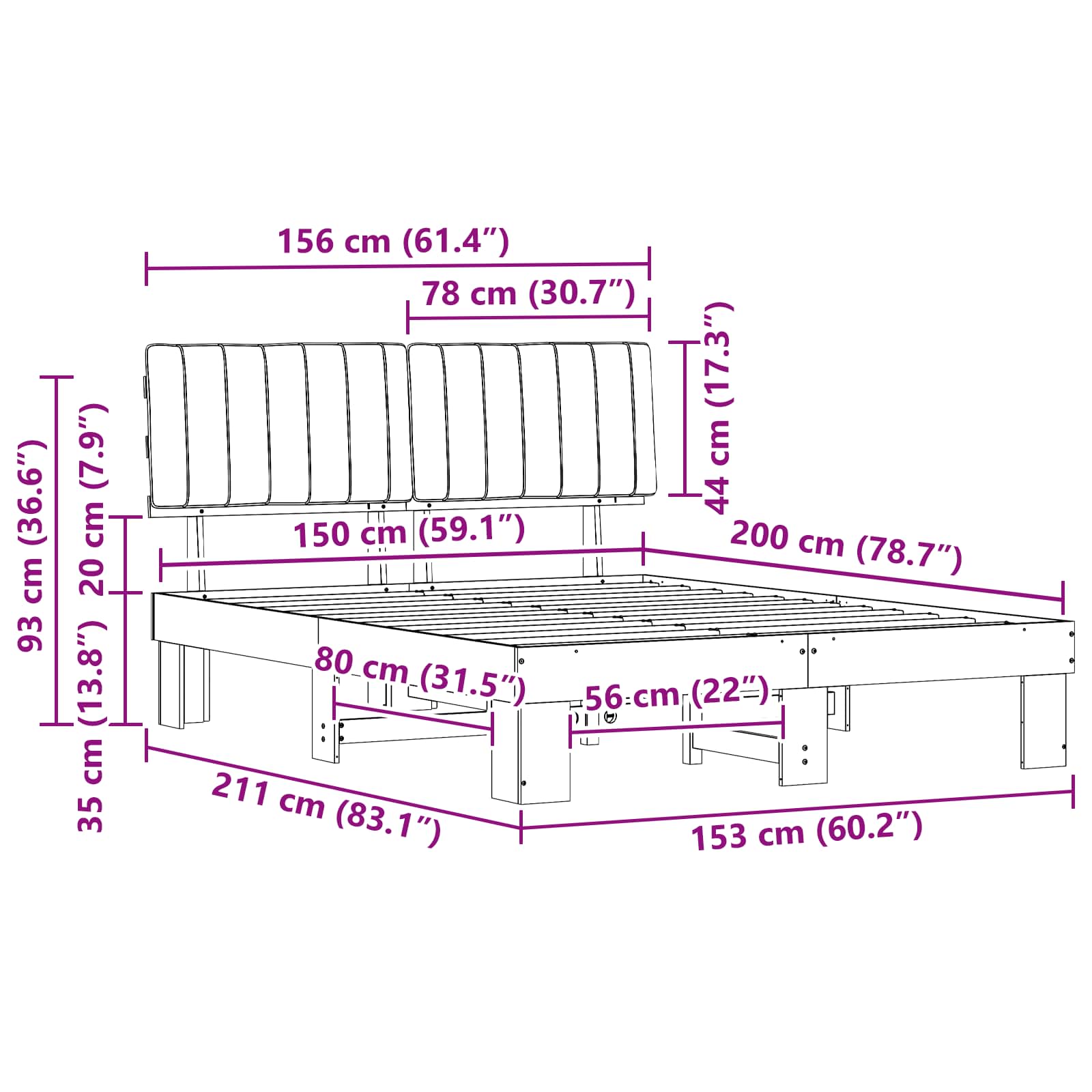 Bed Frame with Upholstered Headboard Dark Grey 150 x 200 cm