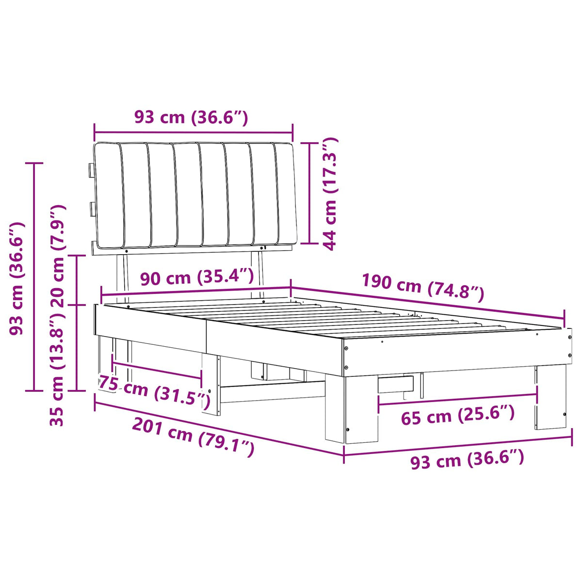 Bed Frame with Upholstered Headboard Dark Grey 90 x 190 cm