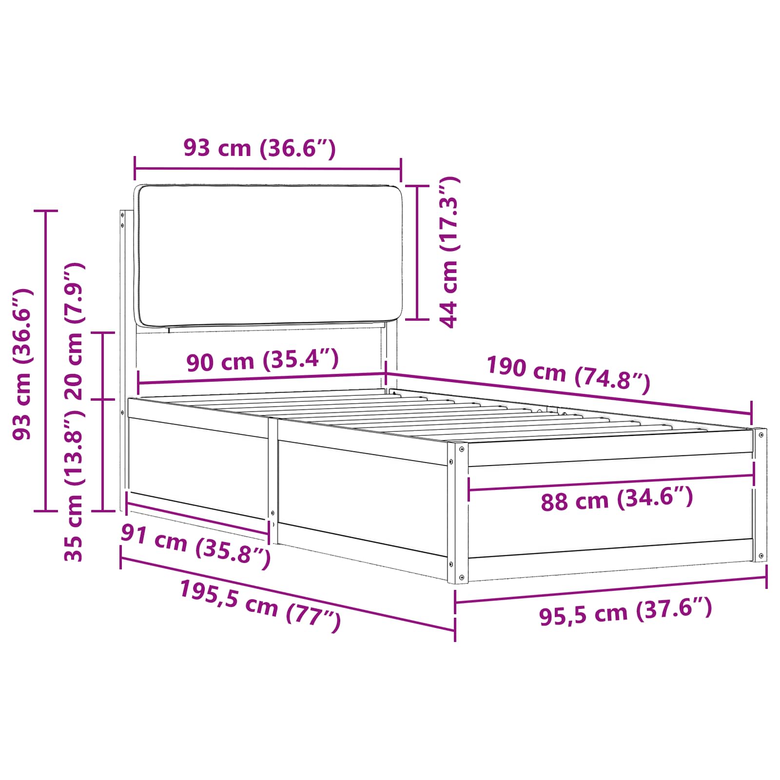 Bed Frame with Upholstered Headboard Dark Grey 90 x 190 cm