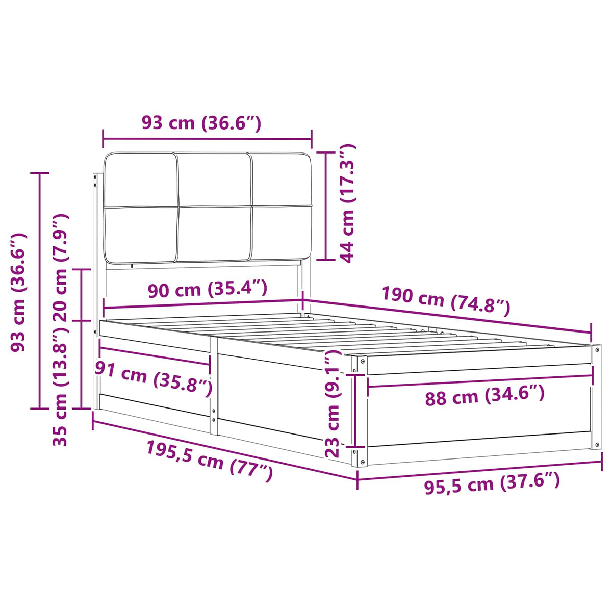 Bed Frame with Upholstered Headboard Dark Grey 90 x 190 cm