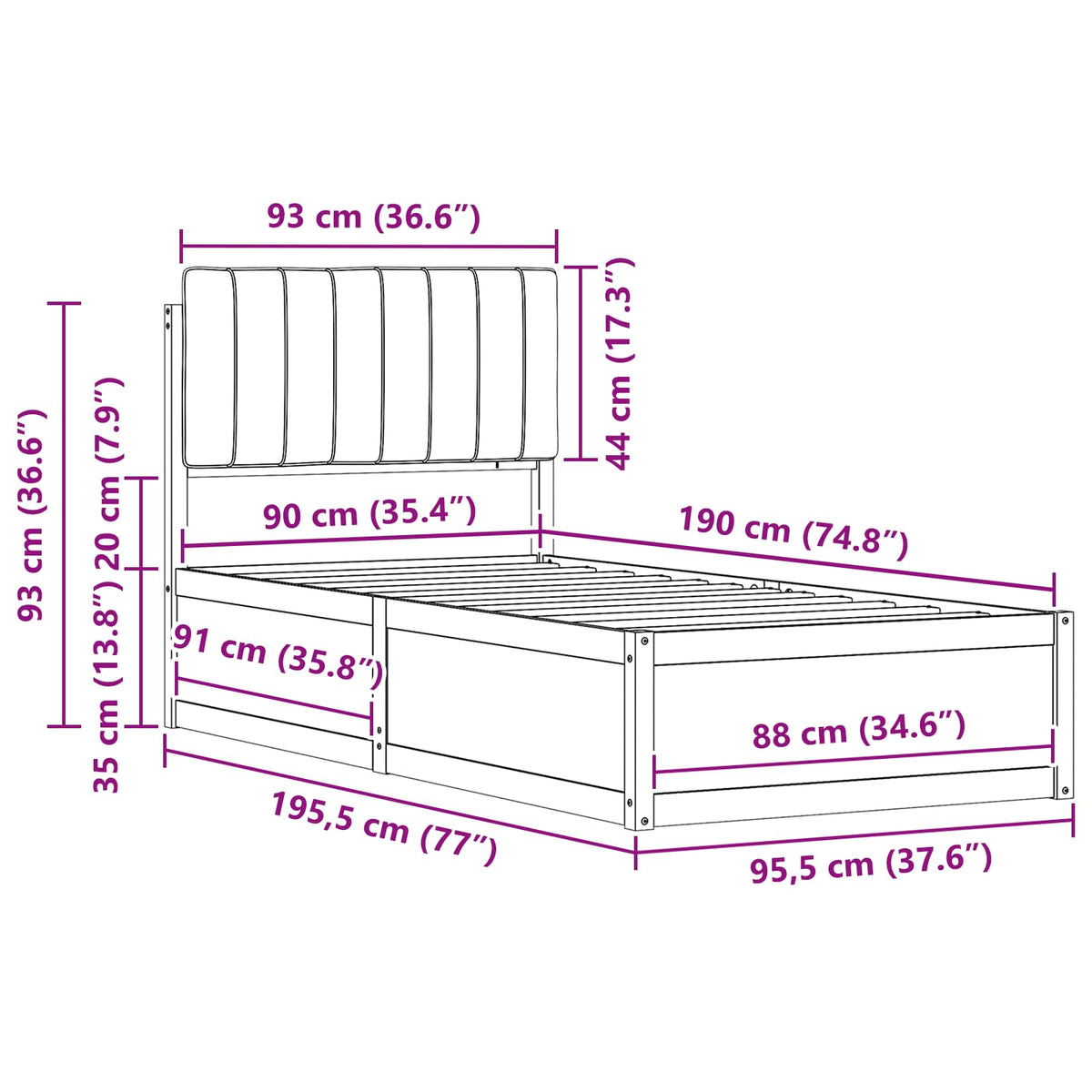 Bed Frame with Upholstered Headboard Dark Grey 90 x 190 cm