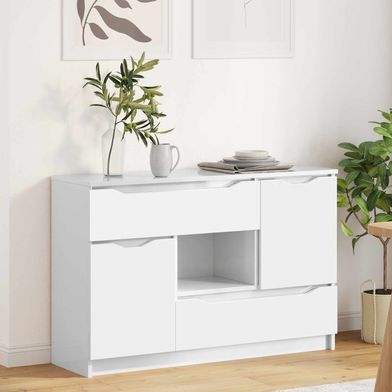 Sideboard High Gloss White 100 by 30 by 65.6 Engineered Wood