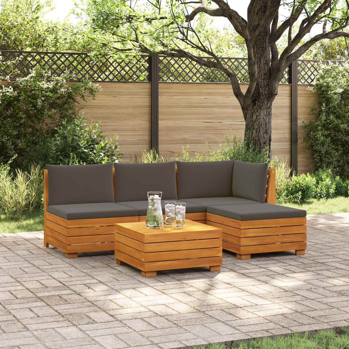 Outdoor Sofa Set with Cushion 5 Piece Brown Solid Acacia Wood
