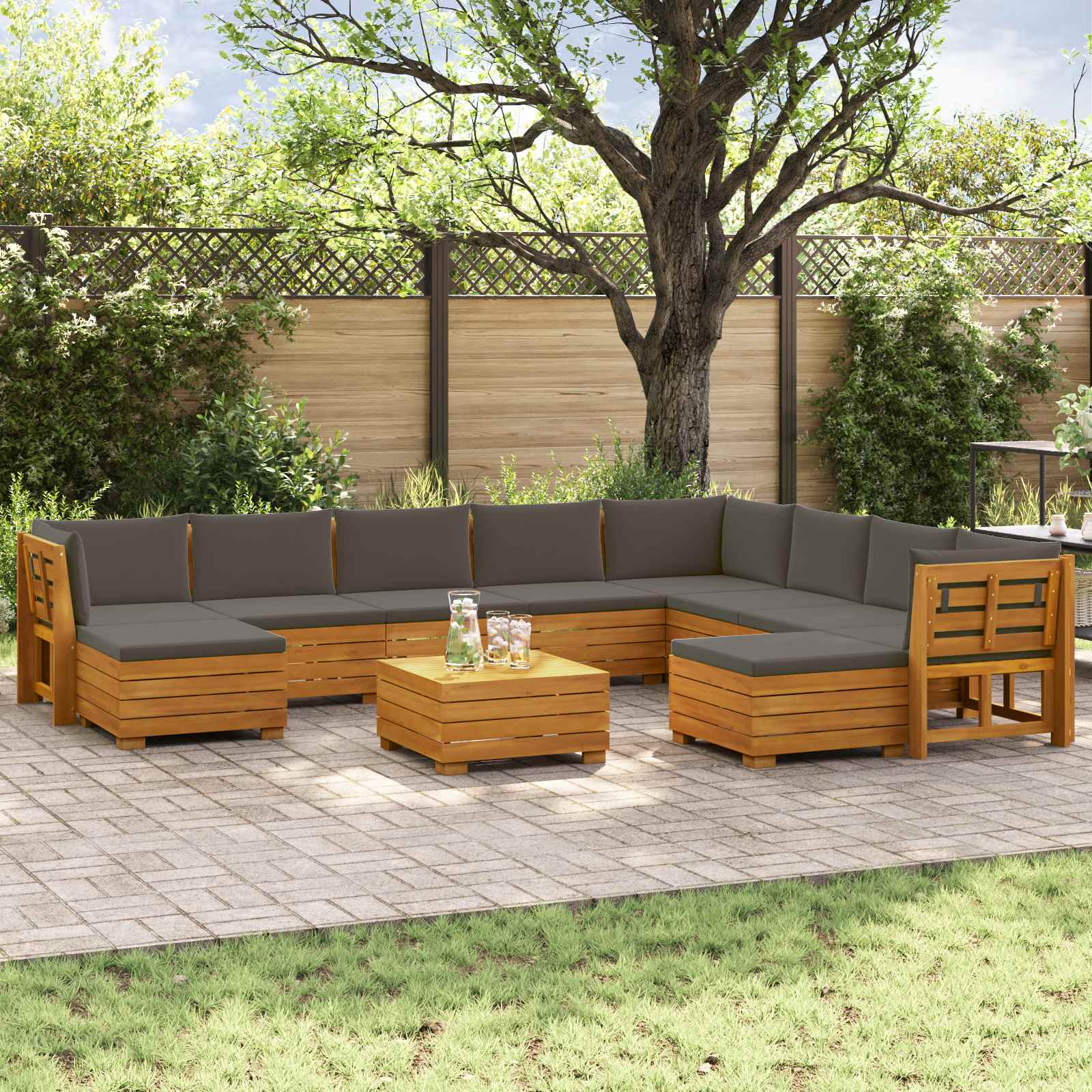 11 pcs Outdoor Sofa Set Solid Acacia Wood Brown