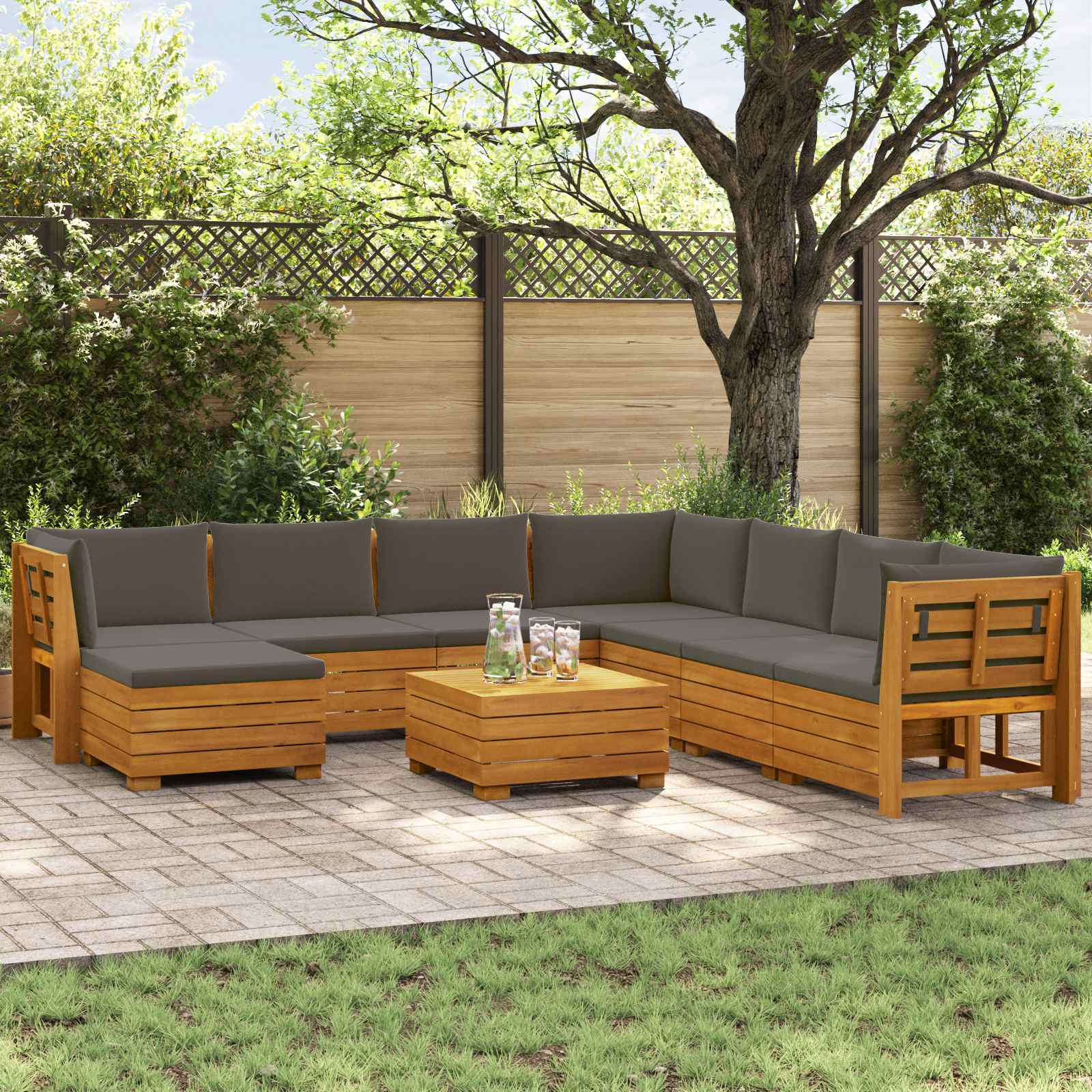 9 pcs Outdoor Sofa Set Solid Acacia Wood Brown