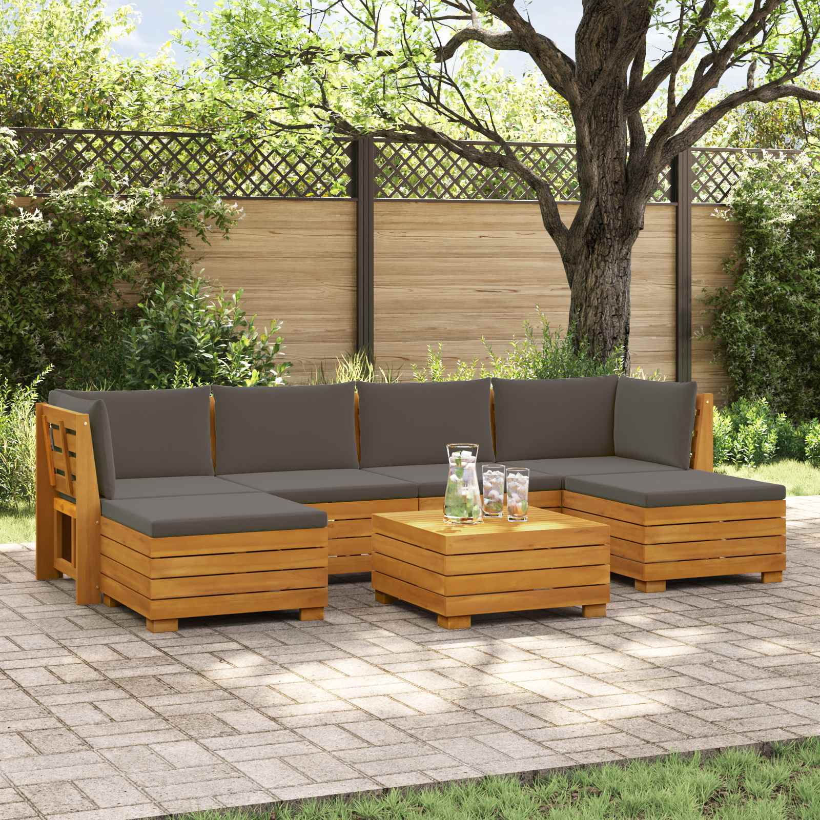 Outdoor Sofa Set with Cushion 7 Piece Brown Solid Acacia Wood