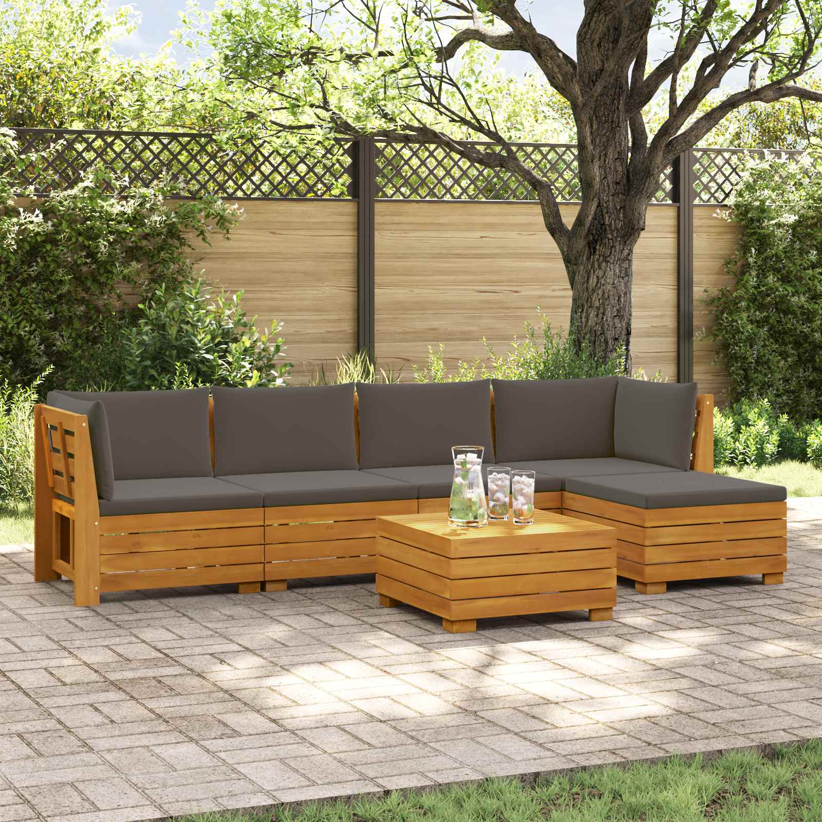 Outdoor Sofa Set with Cushion 6 Piece Brown Solid Acacia Wood