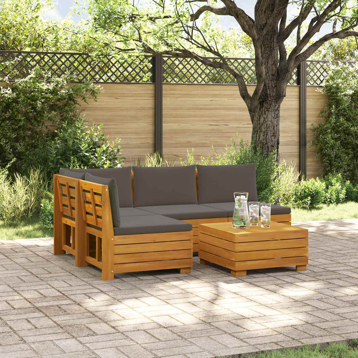 Outdoor Sofa Set with Cushion 5 Piece Brown Solid Acacia Wood