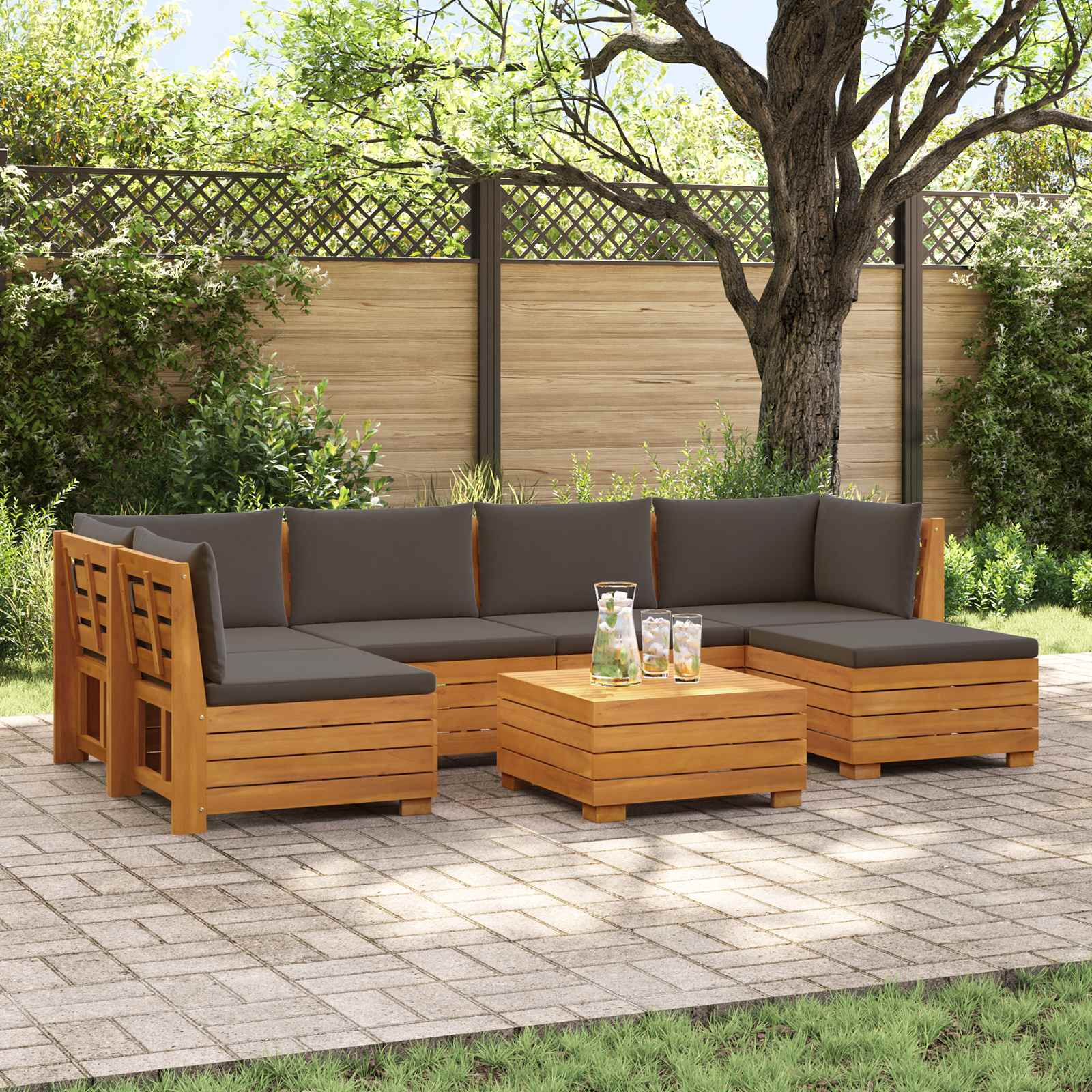 Outdoor Sofa Set with Cushion 7 Piece Brown Solid Acacia Wood