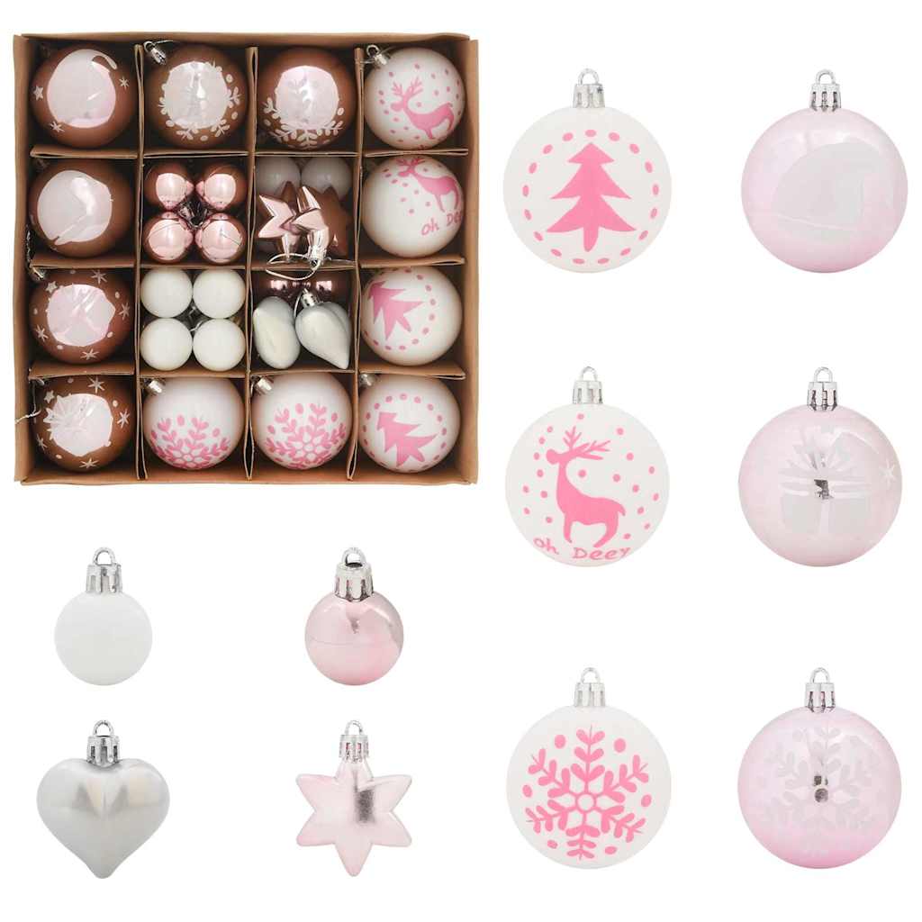 Christmas Bauble Set 40 pcs White and Pink Plastic