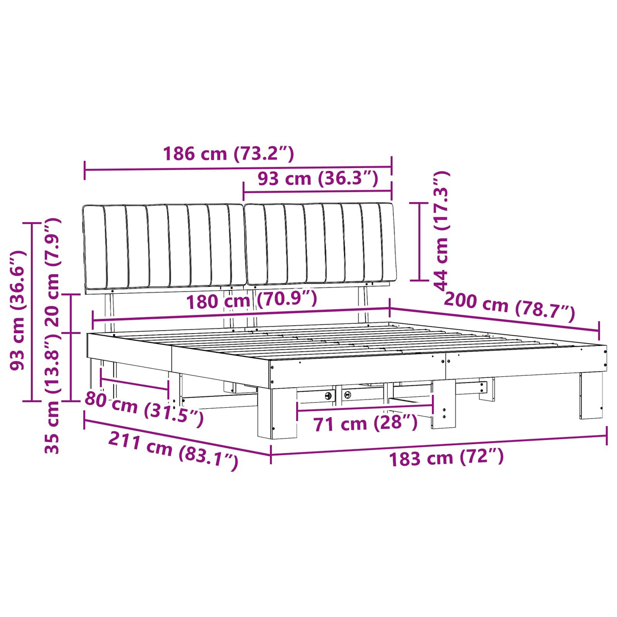 Bed Frame with Upholstered Headboard Dark Grey 180 x 200 cm