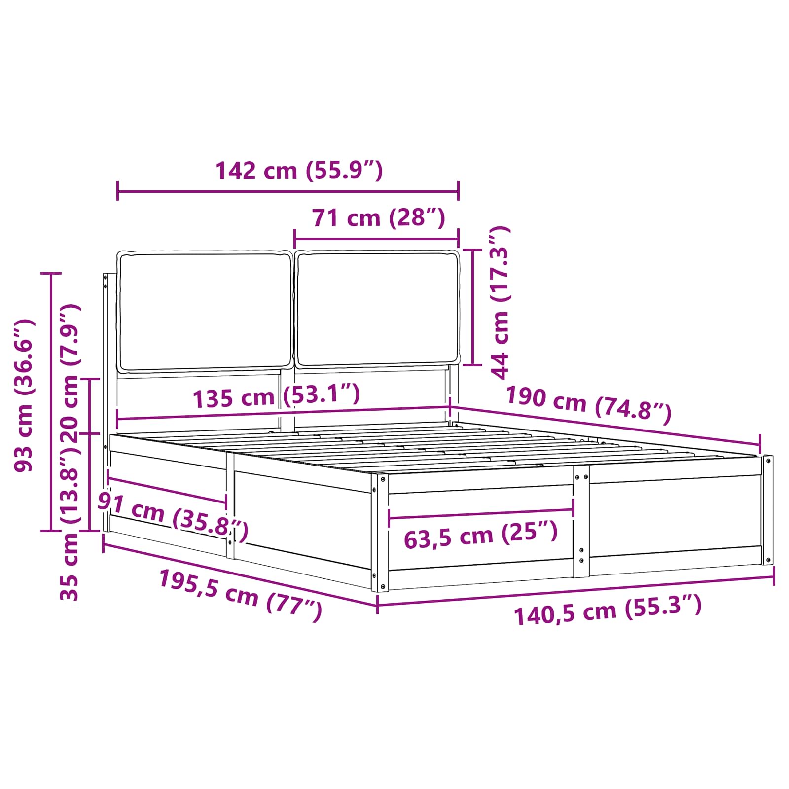 Bed Frame with Upholstered Headboard Dark Grey 135 x 190 cm
