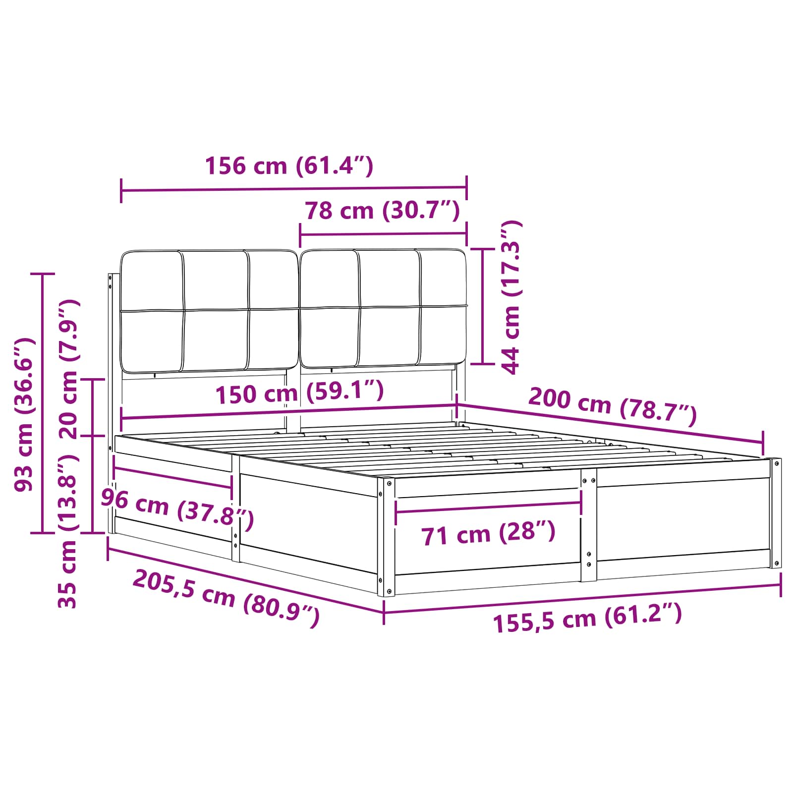 Bed Frame with Upholstered Headboard Dark Grey 150 x 200 cm