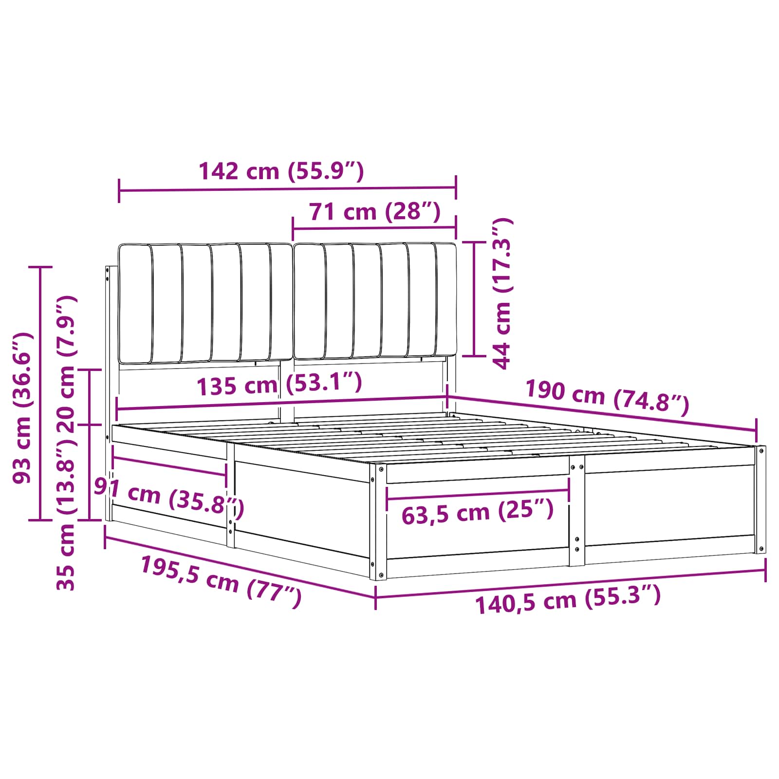 Bed Frame with Upholstered Headboard Dark Grey 135 x 190 cm