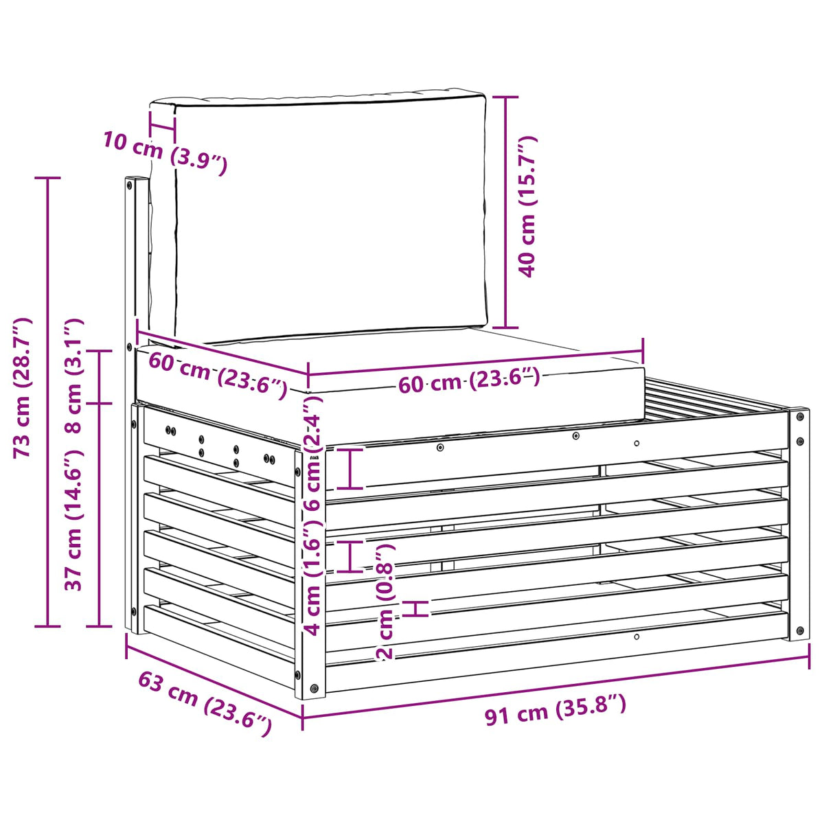 Outdoor End sofa Natural 91 x 63 x 73 cm Solid Acacia Wood