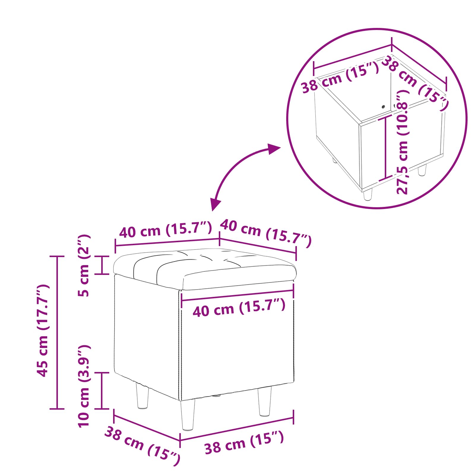 Storage Ottoman with Cushion Black 40 x 40 x 45 cm Velvet