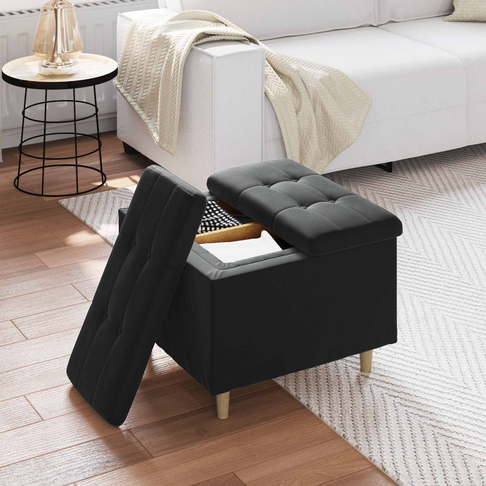 Storage Ottoman with Cushion Black 60 x 60 x 45 cm Velvet