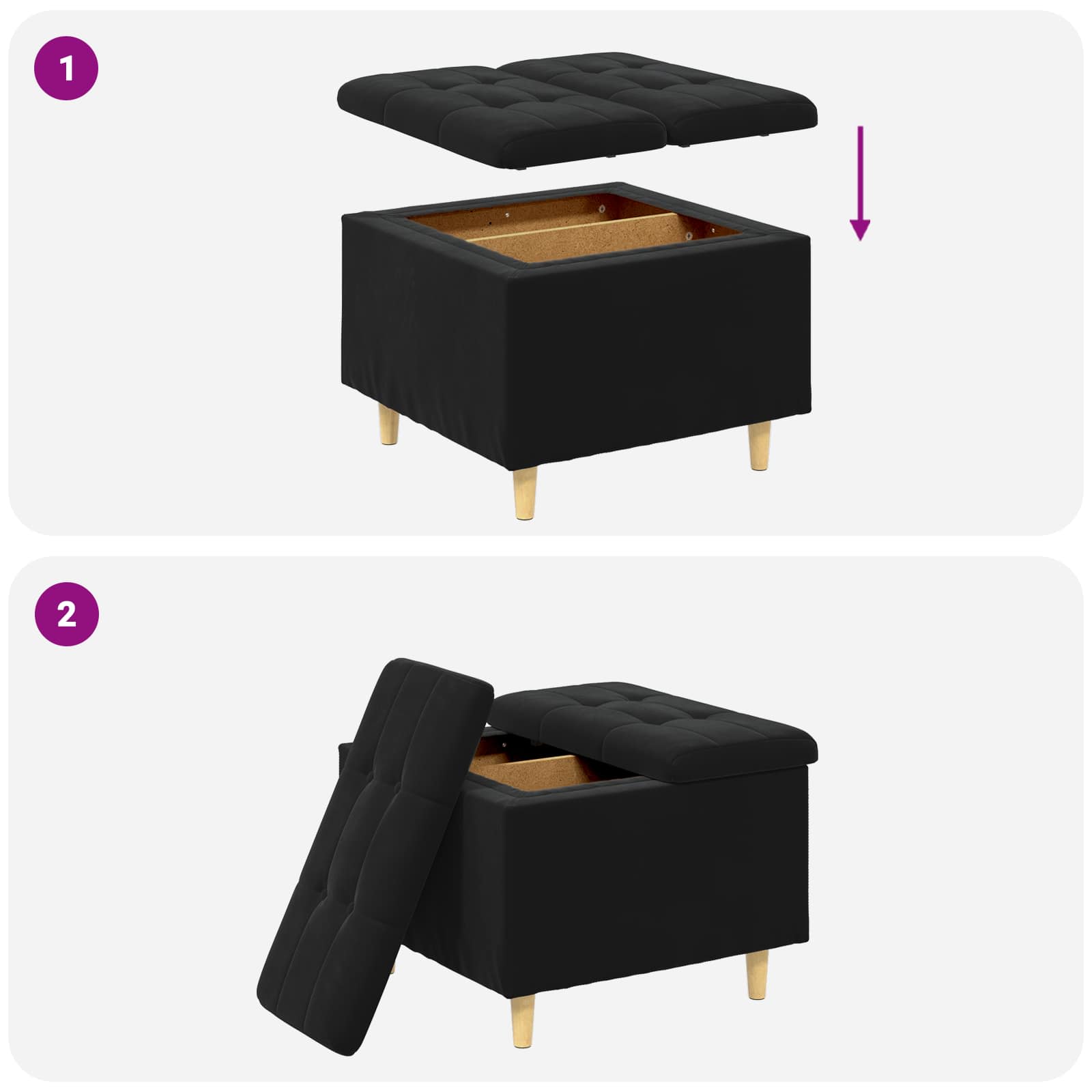 Storage Ottoman with Cushion Black 60 x 60 x 45 cm Velvet