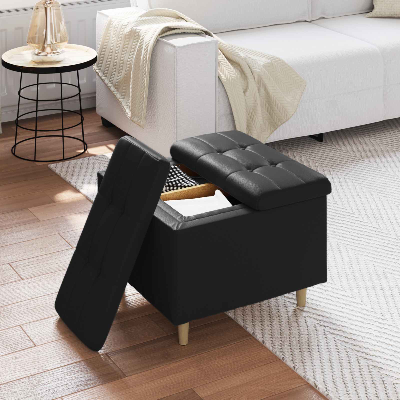 Storage Ottoman with Cushion Black 60 x 60 x 45 cm Faux leather