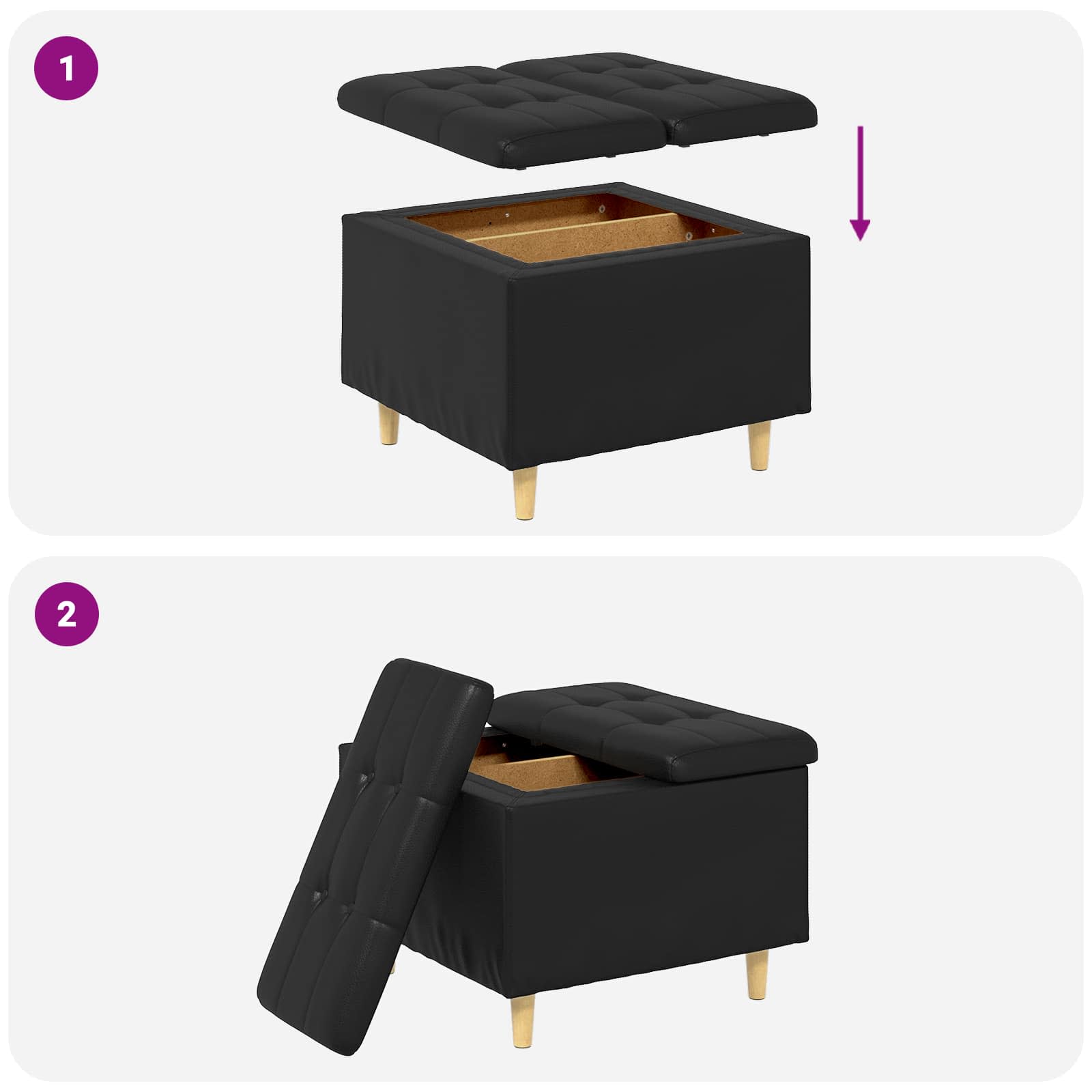 Storage Ottoman with Cushion Black 60 x 60 x 45 cm Faux leather