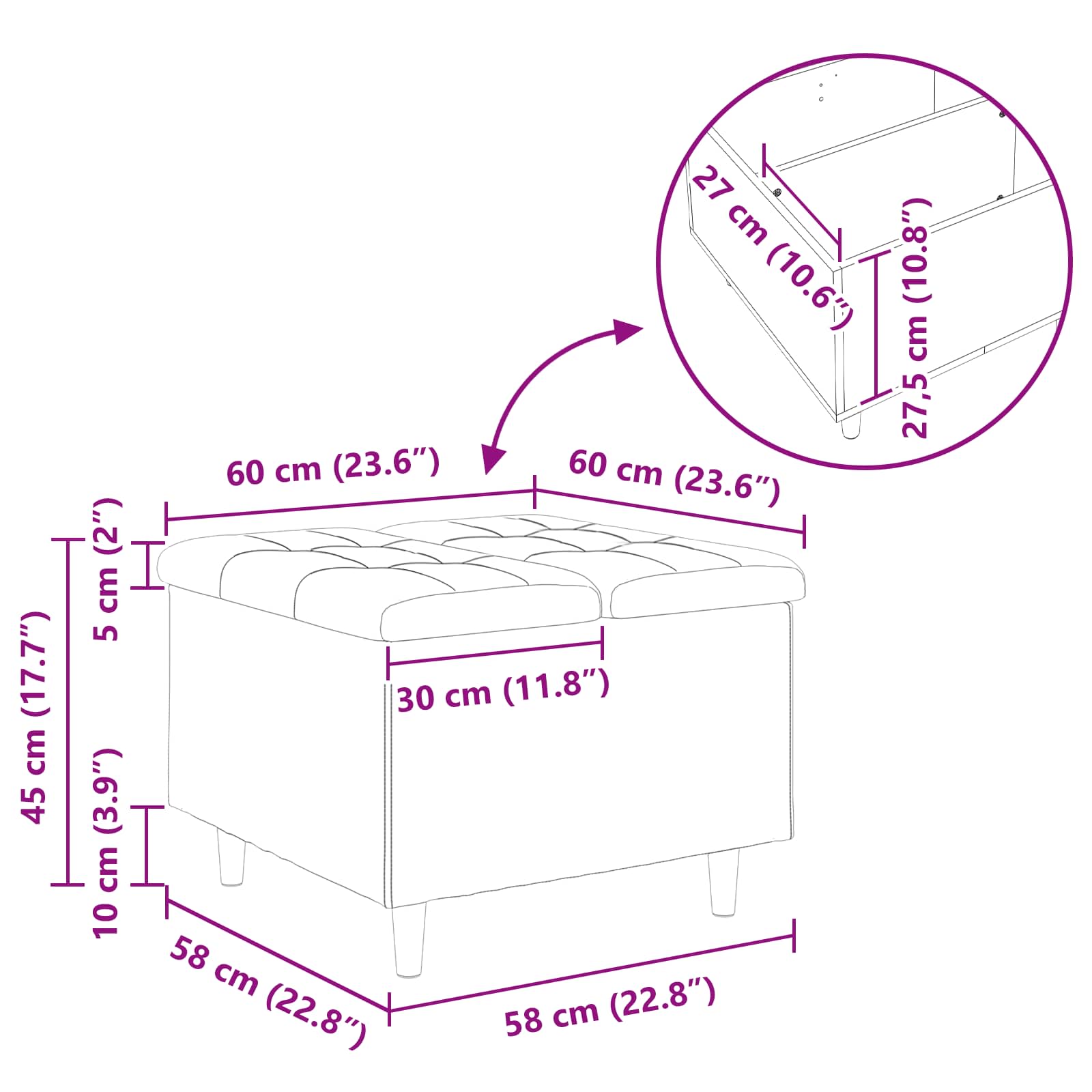 Storage Ottoman with Cushion Black 60 x 60 x 45 cm Faux leather