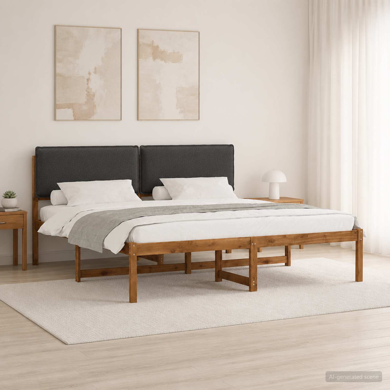 Bed Frame with Upholstered Headboard Natural and Dark Grey