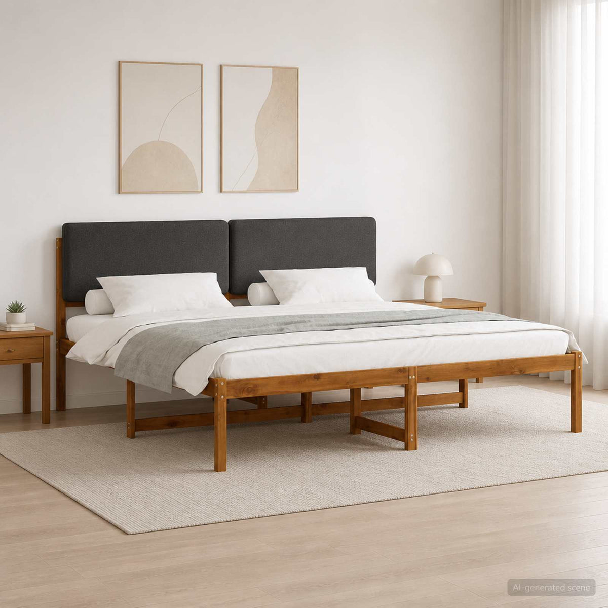 Bed Frame with Upholstered Headboard Natural and Dark Grey