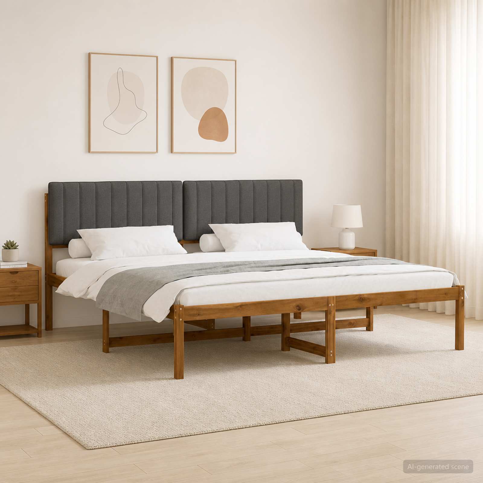 Bed Frame with Upholstered Headboard Natural and Dark Grey