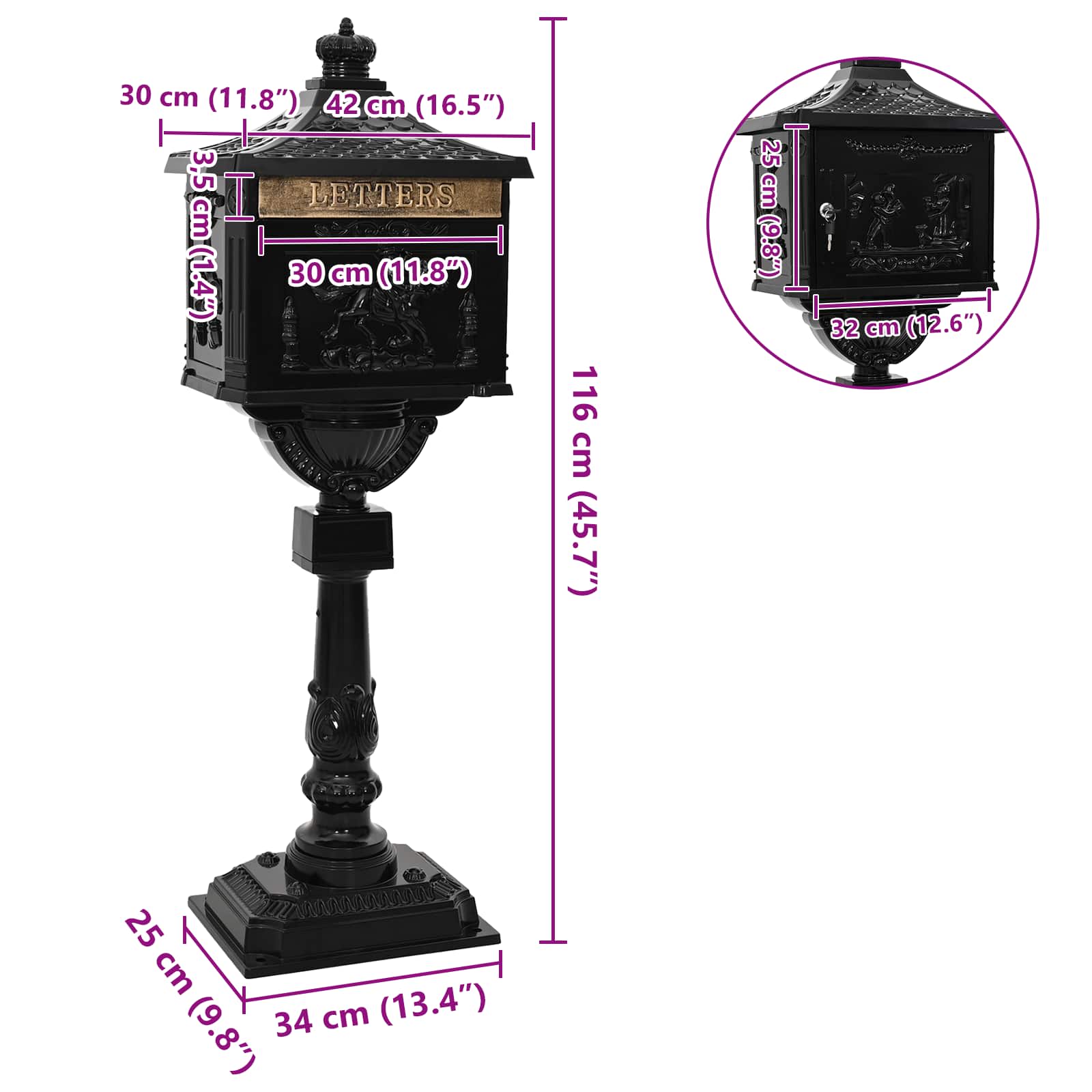 Standing Mailbox Black 42.5 x 29.5 x 117 cm Cast Aluminum