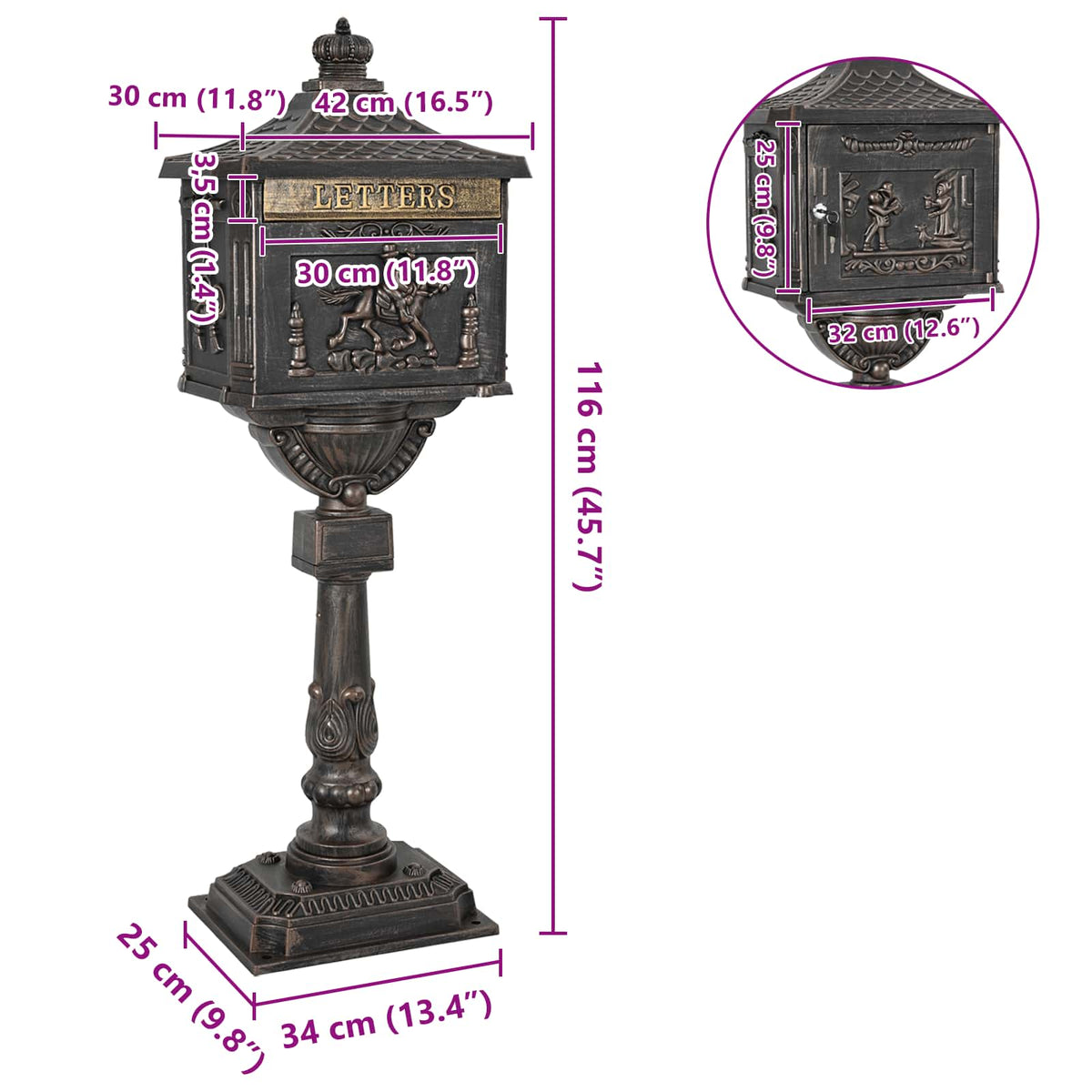 Standing Mailbox Bronze 42.5 x 29.5 x 117 cm Cast Aluminum
