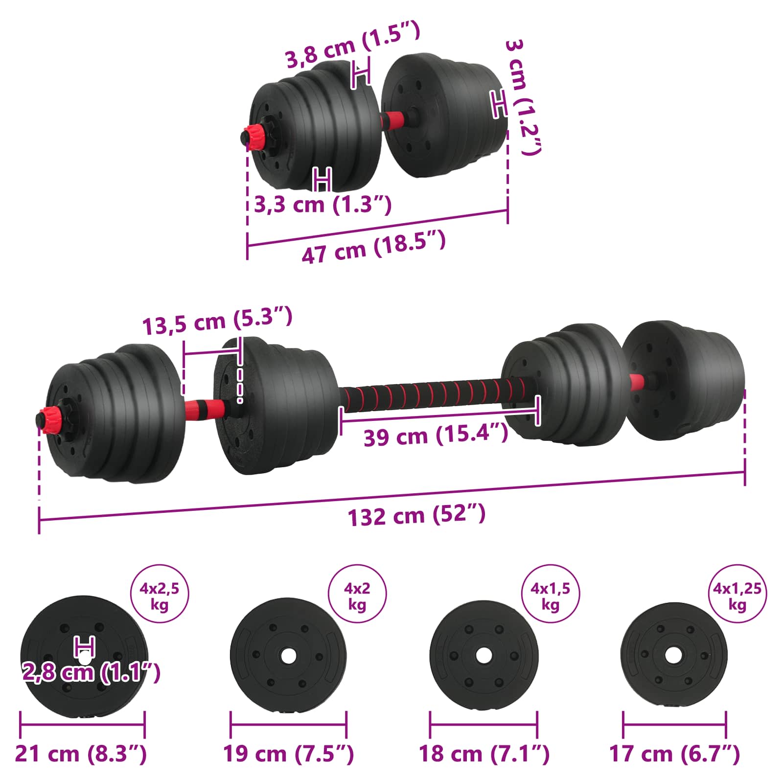 2-in-1 Dumbbell Set Black and Red 121 x 19.5 x 19.5 cm