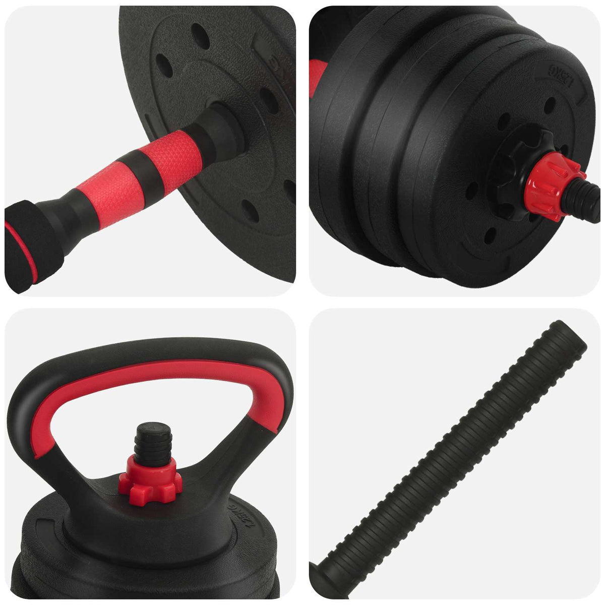 4-in-1 Dumbbell Barbell Kettlebell Set 20kg 20kg Black and Red