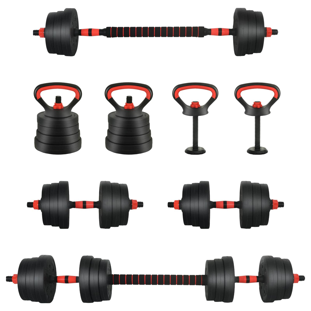 4-in-1 Dumbbell Barbell Kettlebell Set 20kg 20kg Black and Red