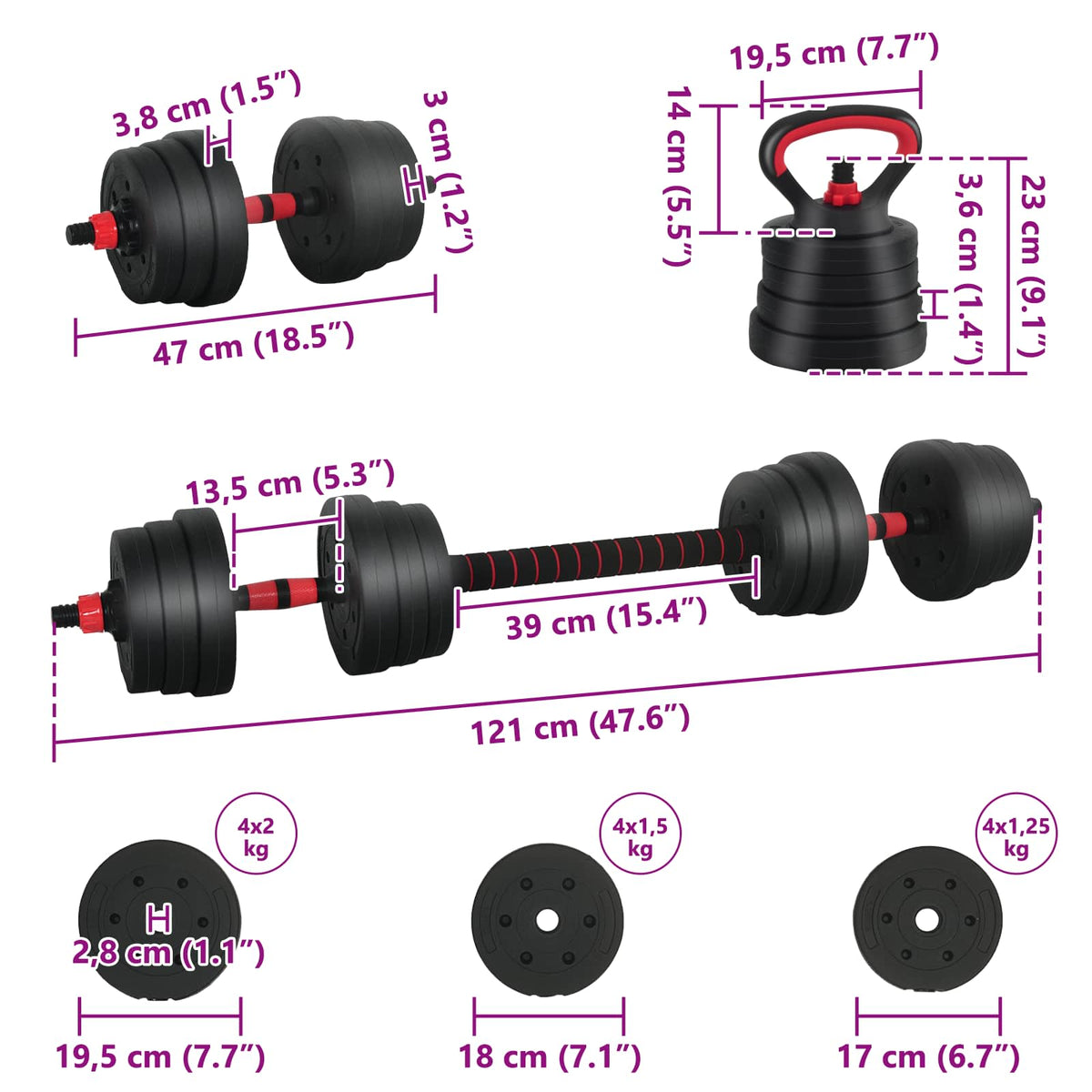 4-in-1 Dumbbell Barbell Kettlebell Set 20kg 20kg Black and Red