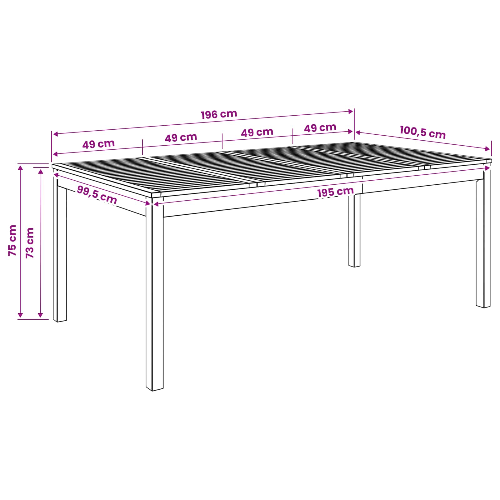 Garden Dinner Table Natural 196 x 100.5 x 75 cm