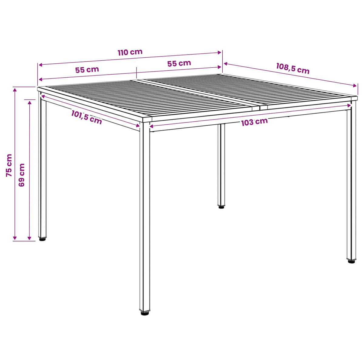 Garden Dinner Table Natural and Black 110 x 108.5 x 75 cm