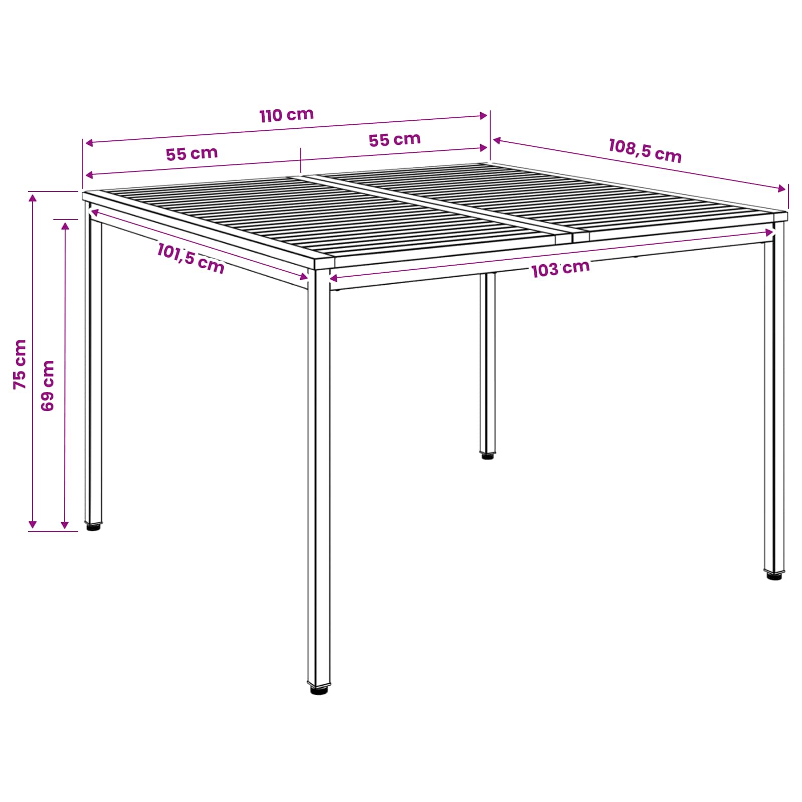 Garden Dinner Table Natural and Black 110 x 108.5 x 75 cm