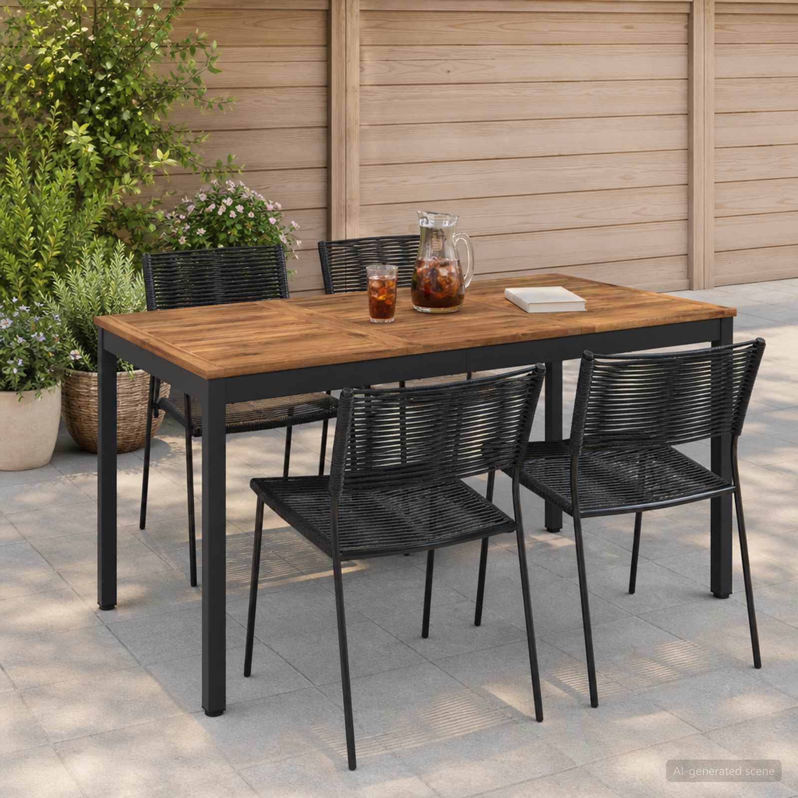 Garden Dinner Table Natural and Black 141 x 80.5 x 75 cm