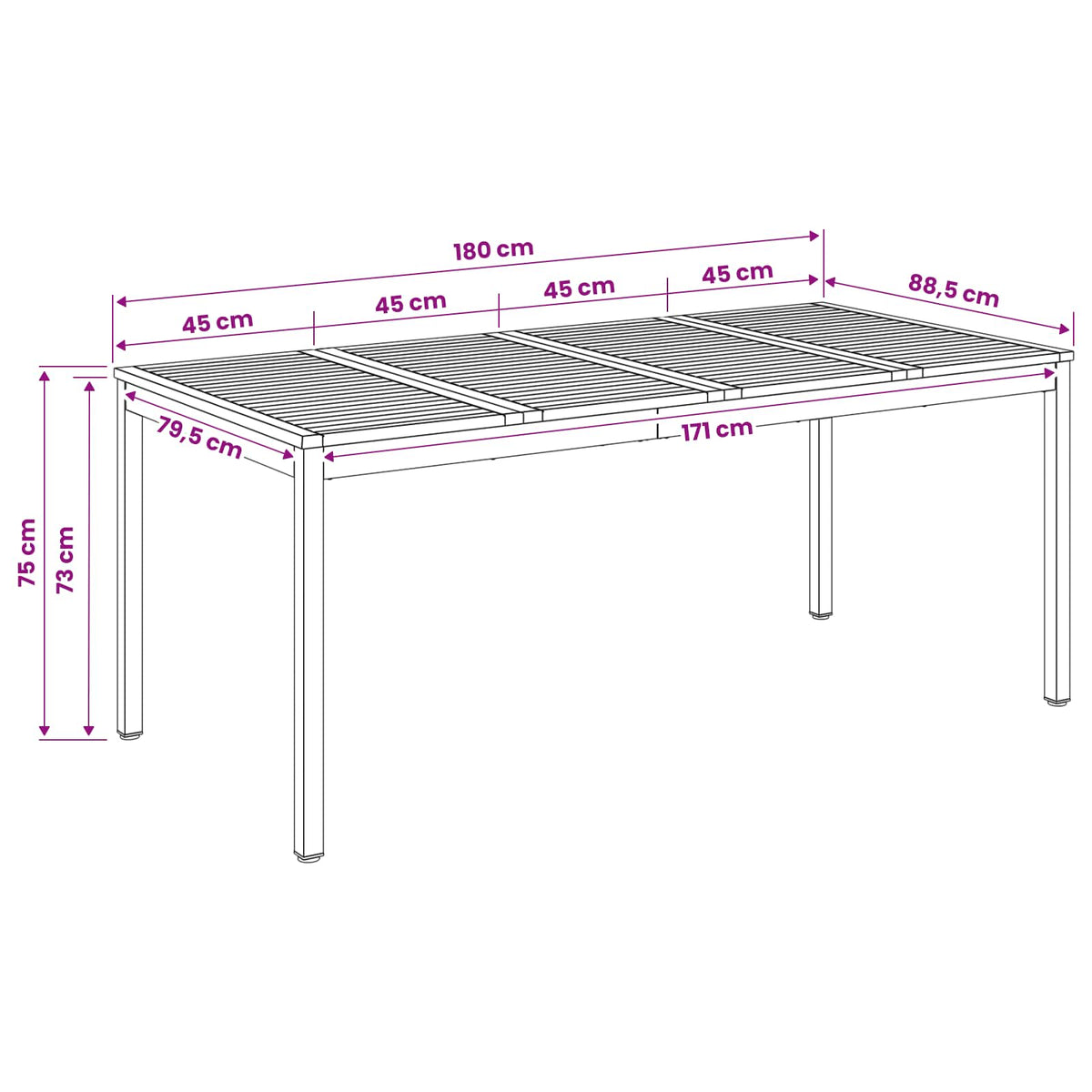 Garden Dinner Table Natural and Black 180 x 88.5 x 75 cm