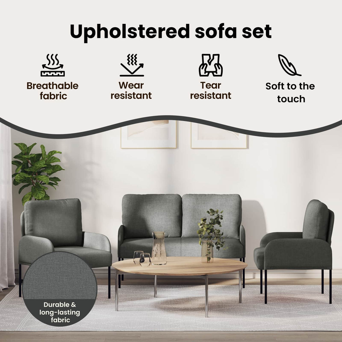 Sofa Sets with Cushion 3 pcs Dark Grey 115 x 56 x 80 cm Plywood