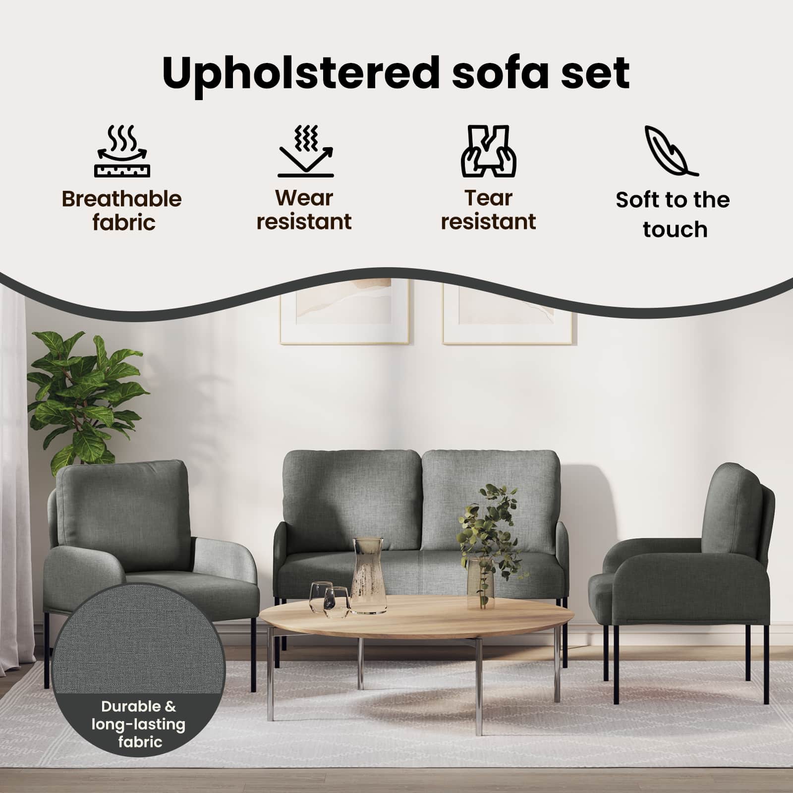 Sofa Sets with Cushion 3 pcs Dark Grey 115 x 56 x 80 cm Plywood