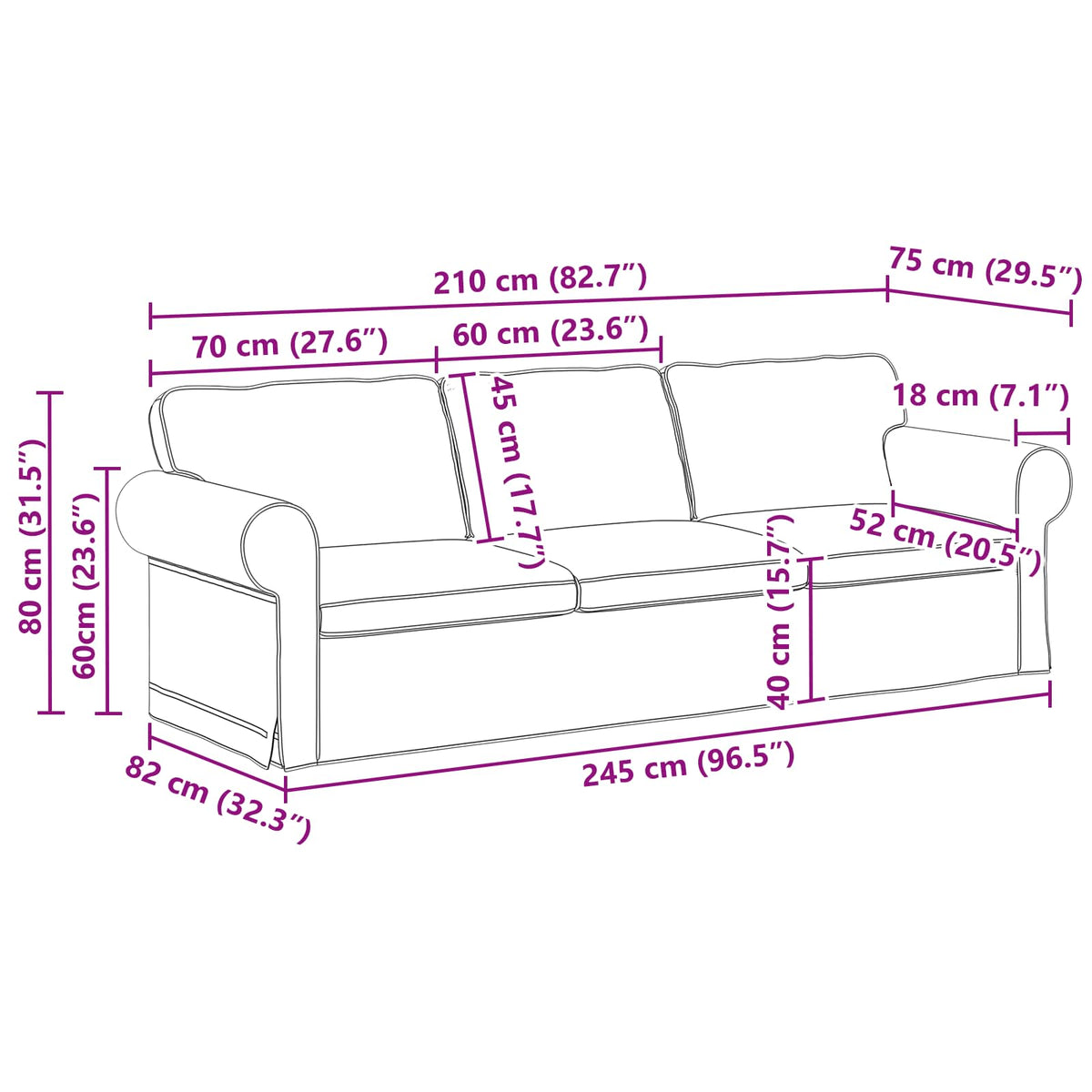 Sofa 210cm Black Metal