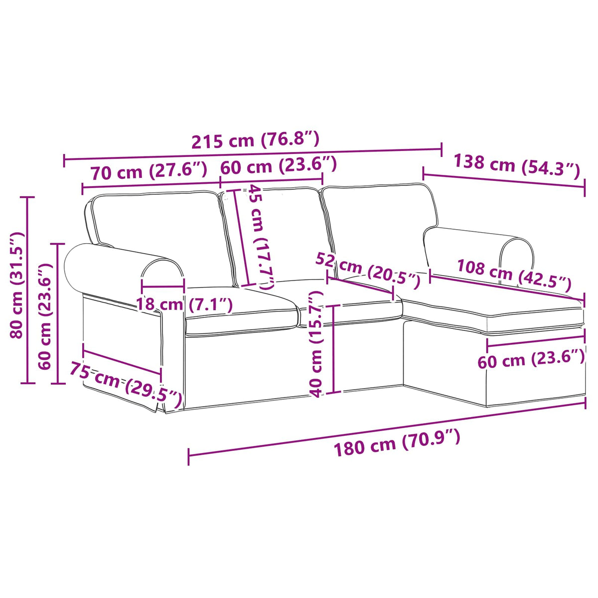 Sofa Black 215 x 138 x 80 cm Fabric